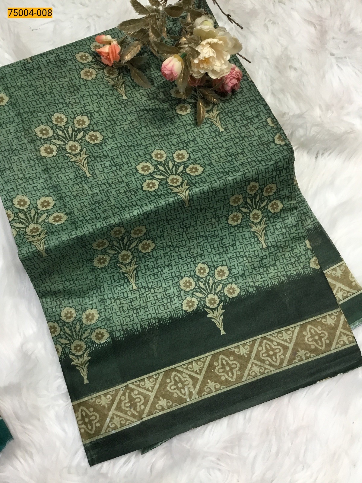 Olive Green Voil cotton printed sarees