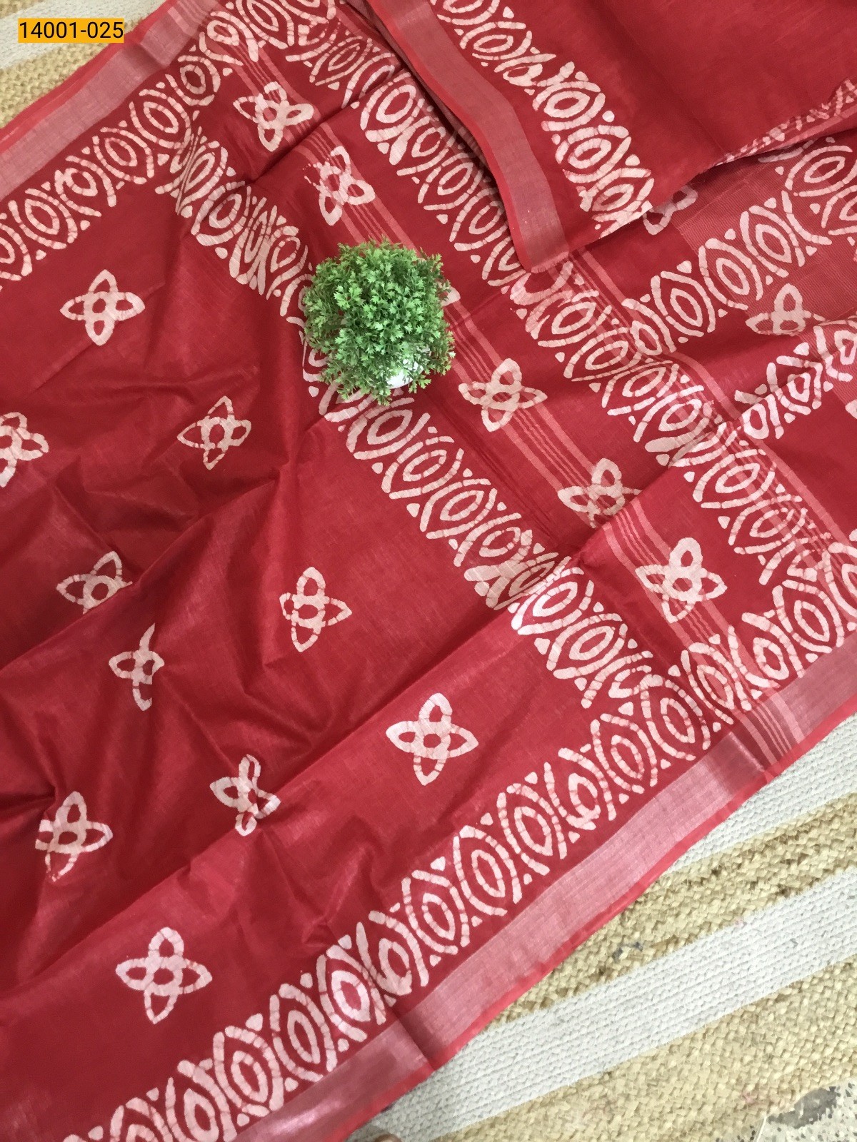 Red Linen Cotton Batik Printed Sarees