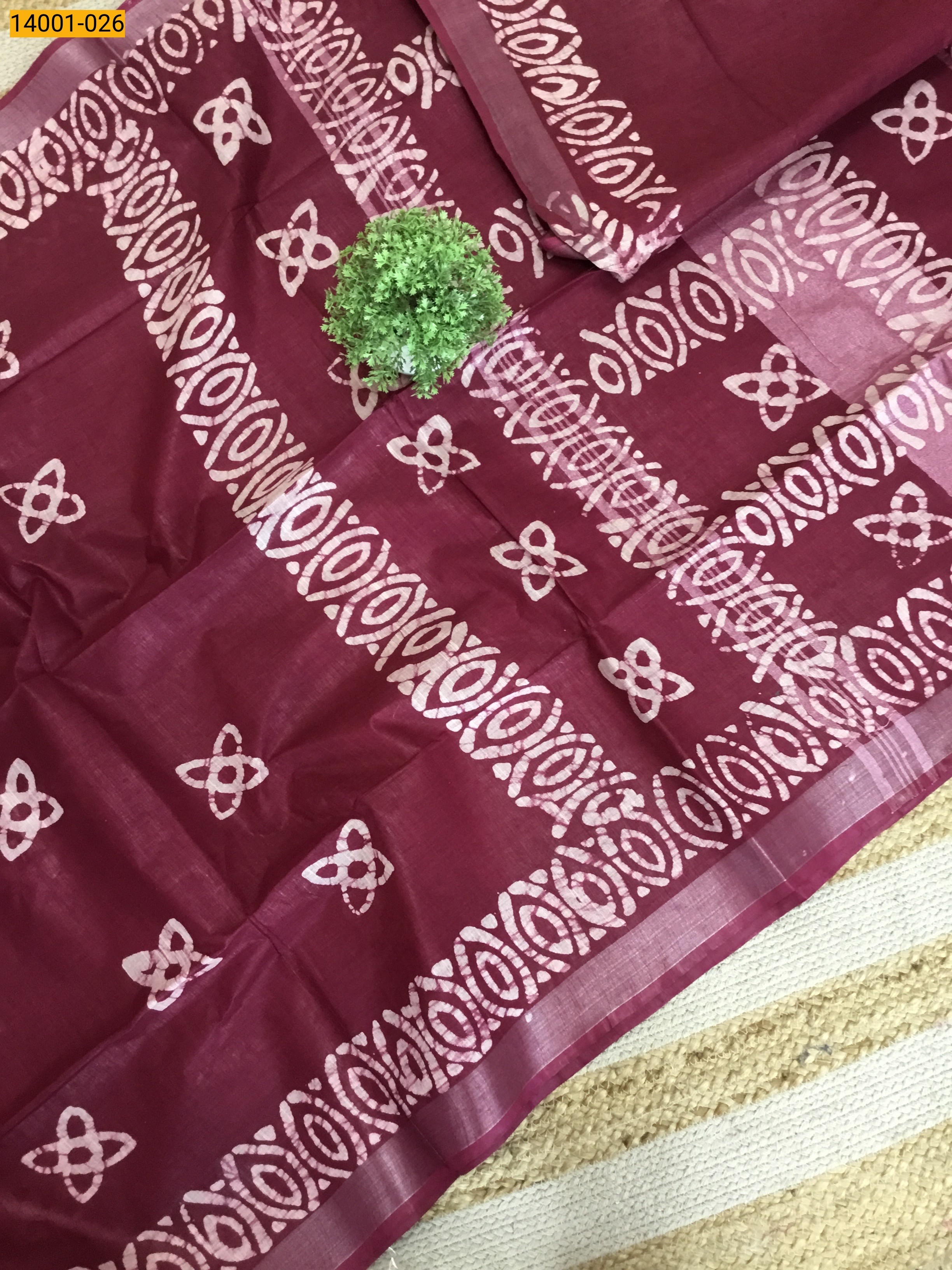 Wine Linen Cotton Batik Printed Sarees
