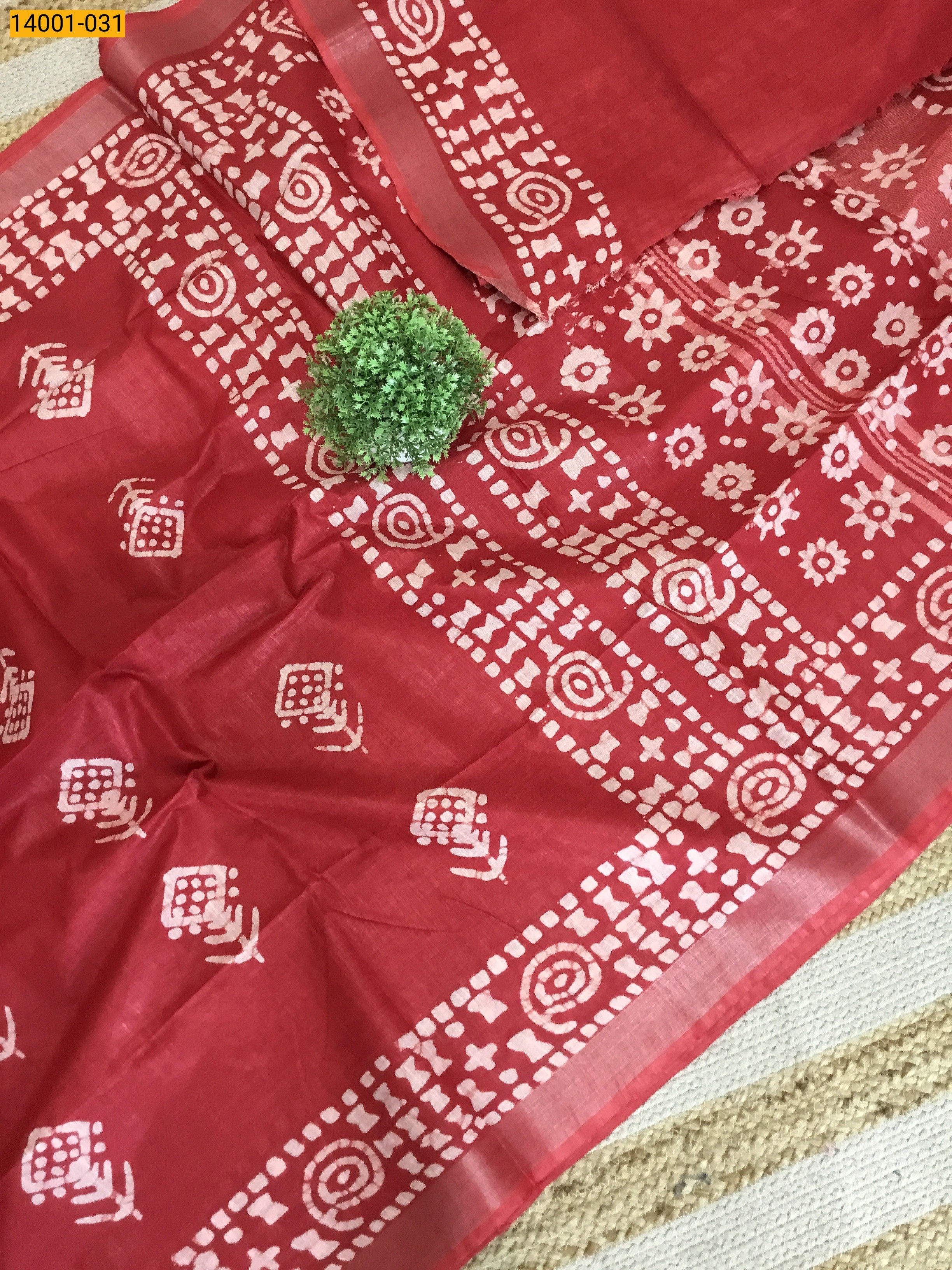 Red Linen Cotton Batik Printed Sarees
