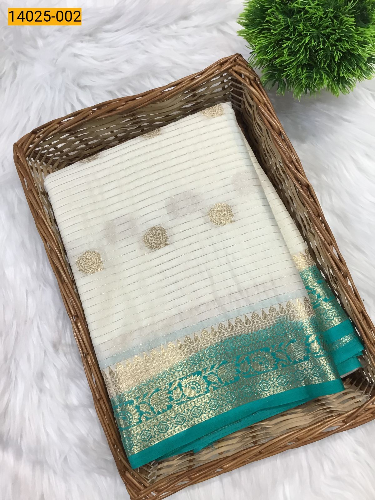 Half White mysore Crepe Silk Checked Butta Saree