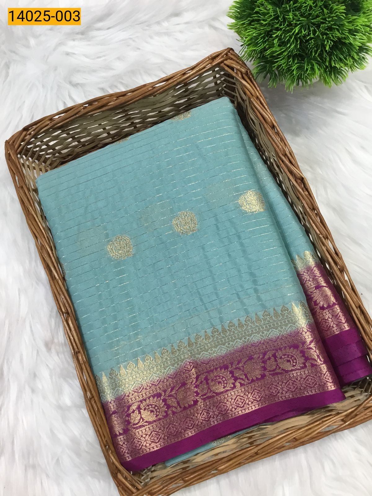 Light Sky blue mysore Crepe Silk Checked Butta Saree