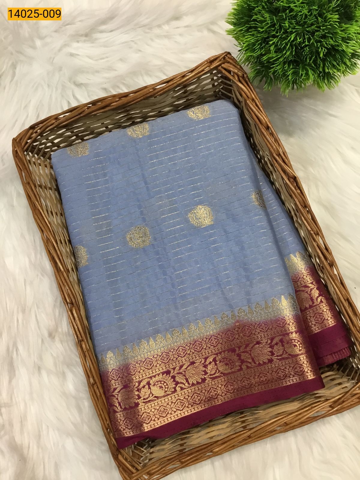 Bluish Grey mysore Crepe Silk Checked Butta Saree
