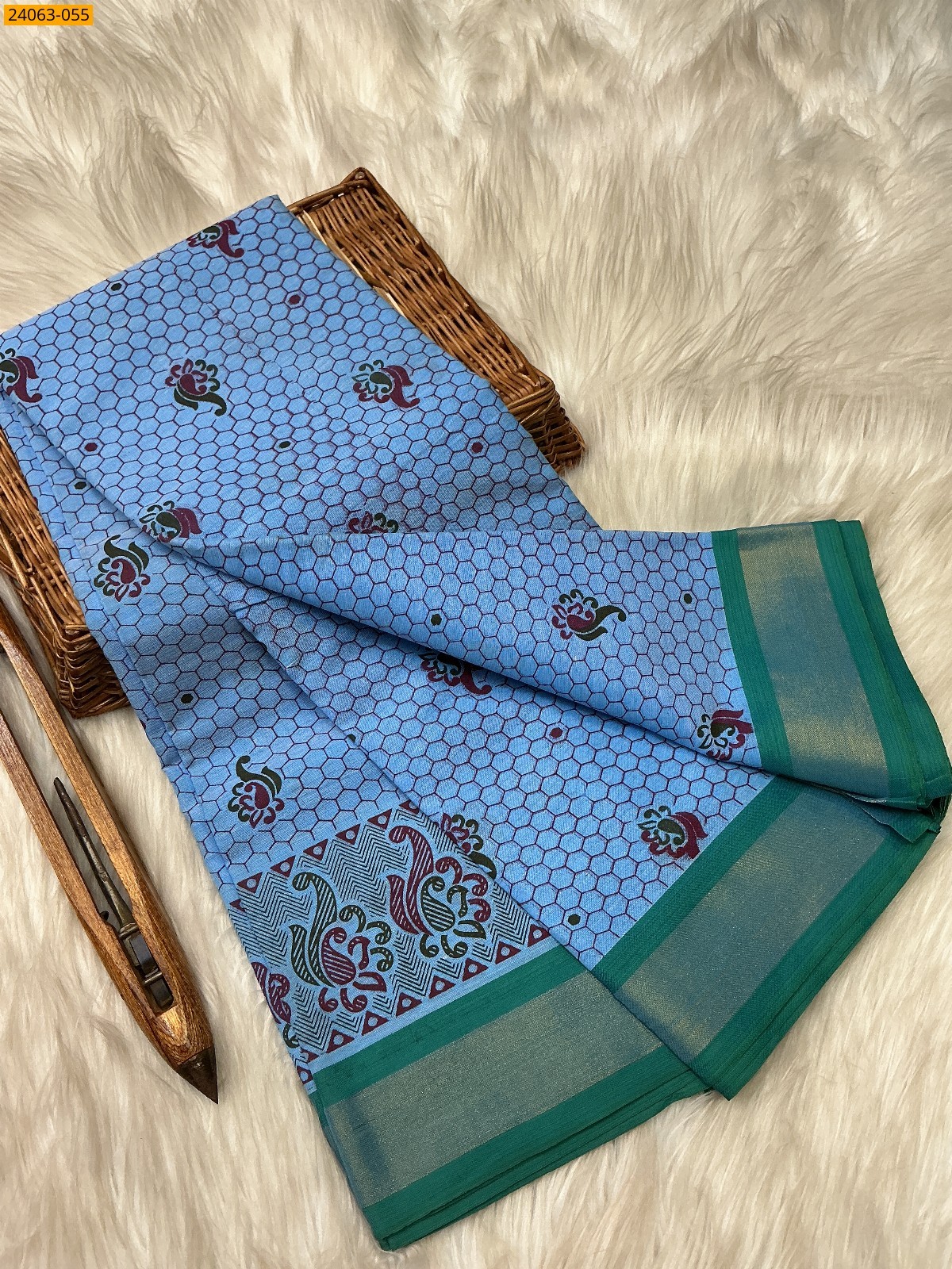 Blue Tirupur Dyed Printed Cotton Saree