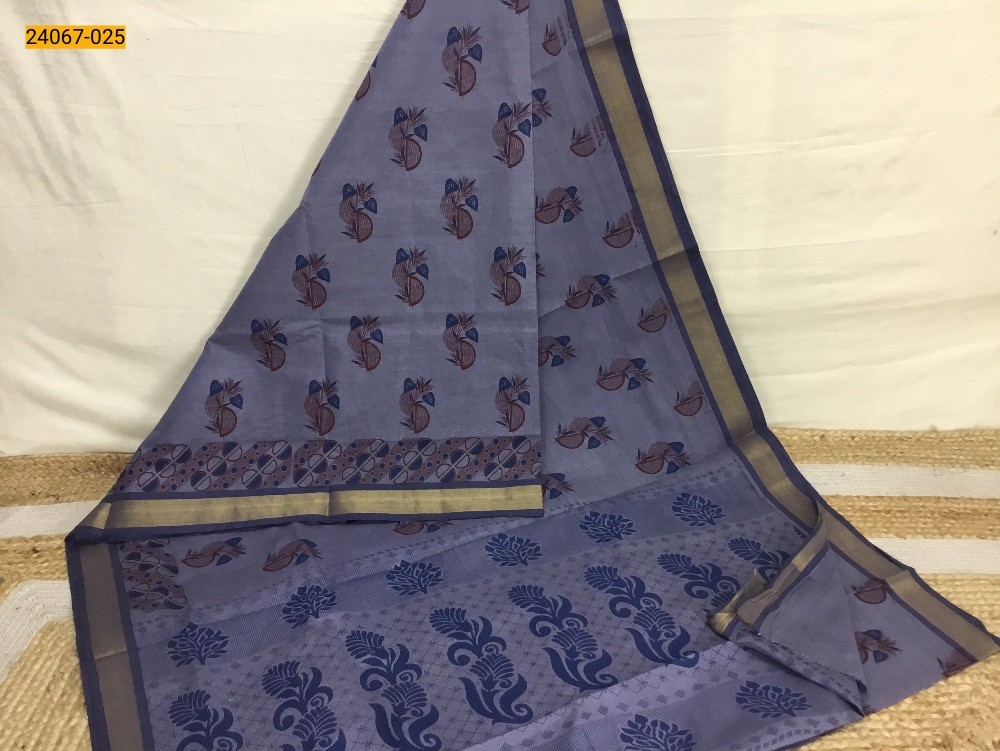 Blue Tirupur Dyed Printed Cotton Saree