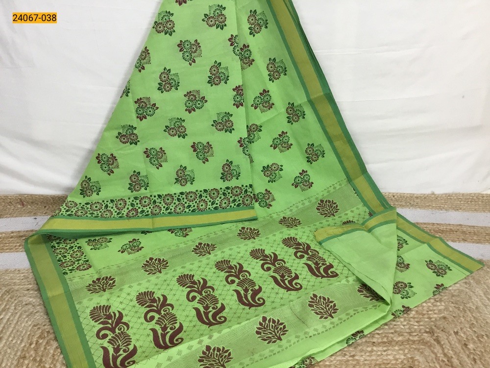 Pista Green Tirupur Dyed Printed Cotton Saree