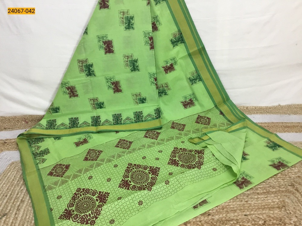 Pista Green Tirupur Dyed Printed Cotton Saree
