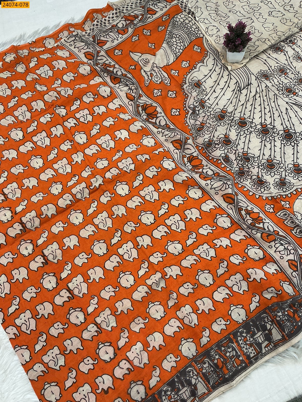 Orange Kalamkari Printed Cotton Saree