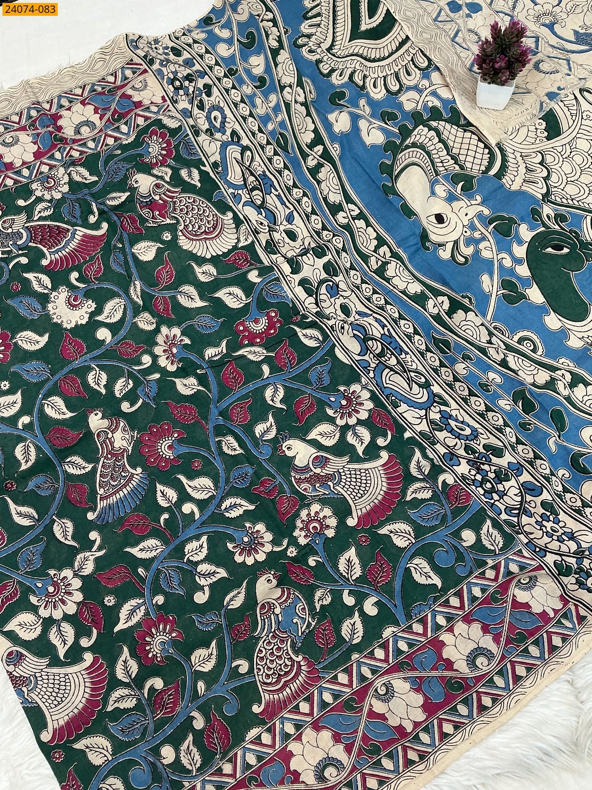 Dark Green Kalamkari Printed Cotton Saree