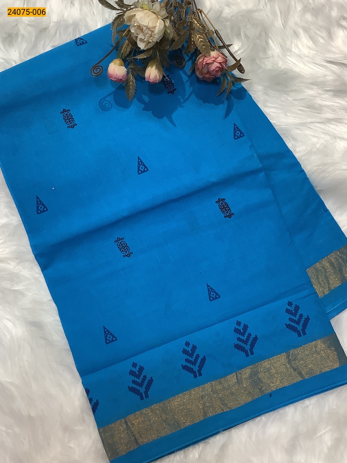 Sky Blue Sungudi Cotton Printed Saree
