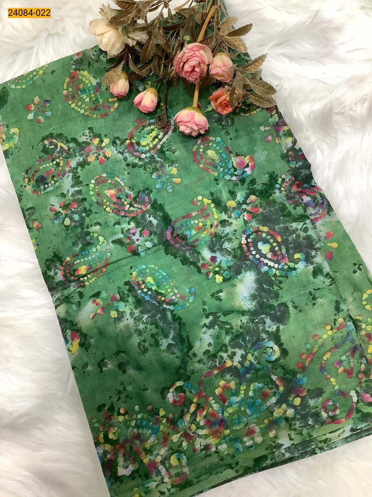 Green Cotton batik multi Color Saree