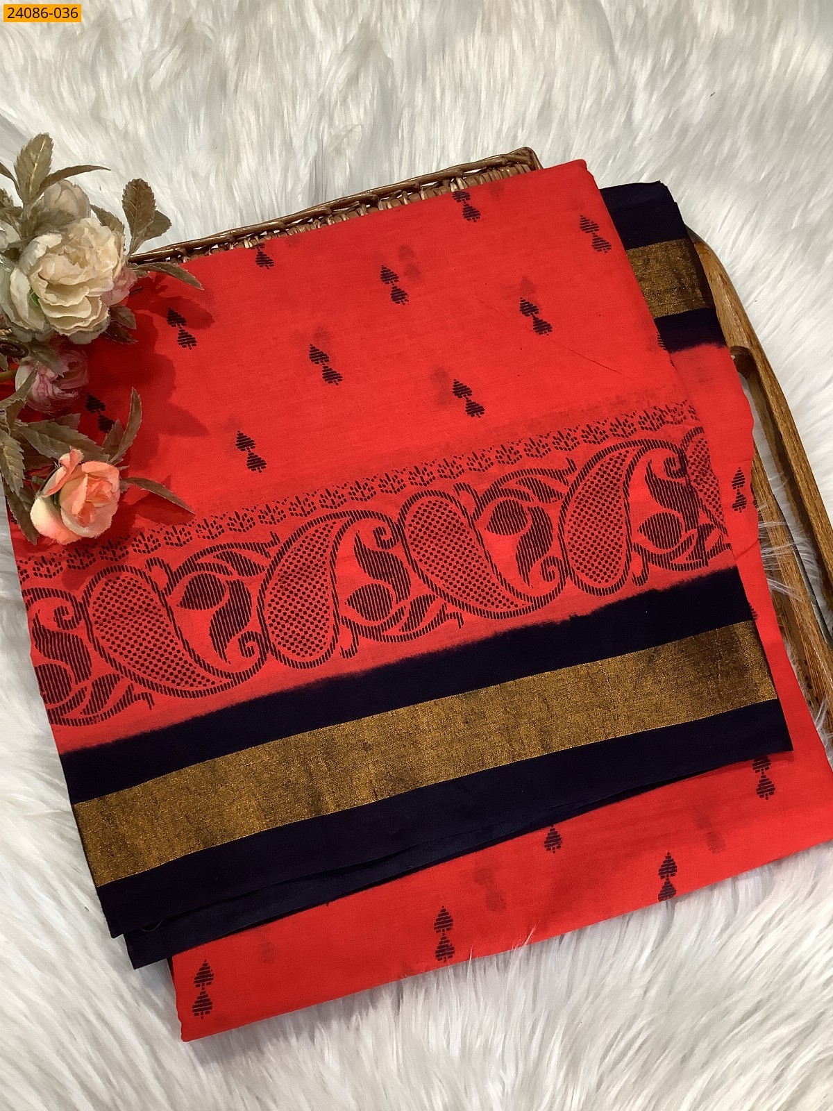 Orange Cotton printed saree