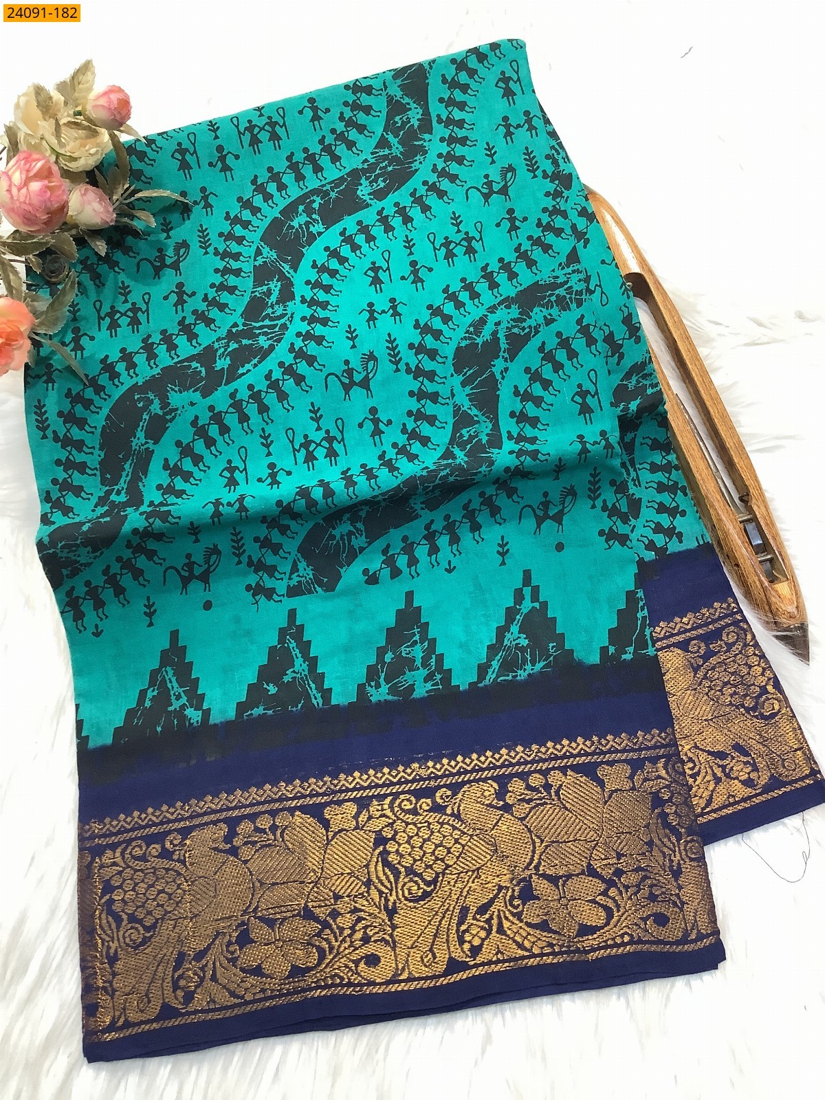 Rama Green Sungudi cotton printed sarees