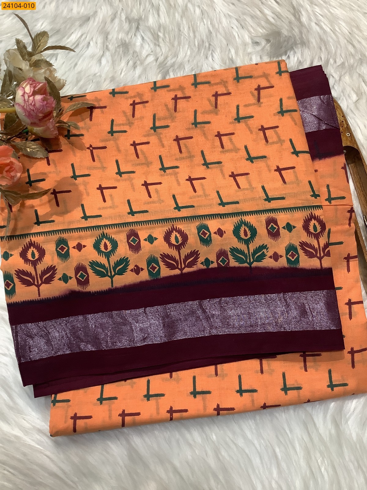 Orange Sungudi Cotton Printed Saree