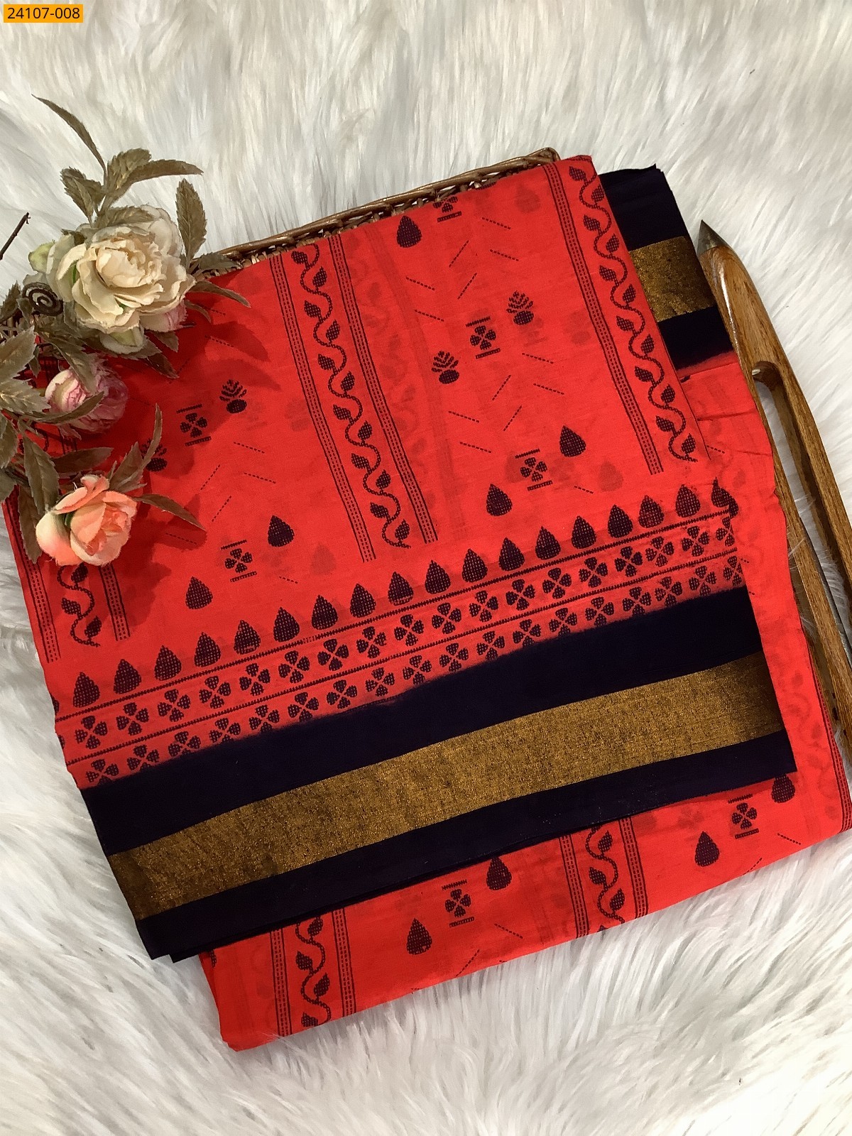 Dark Orange Cotton printed sarees