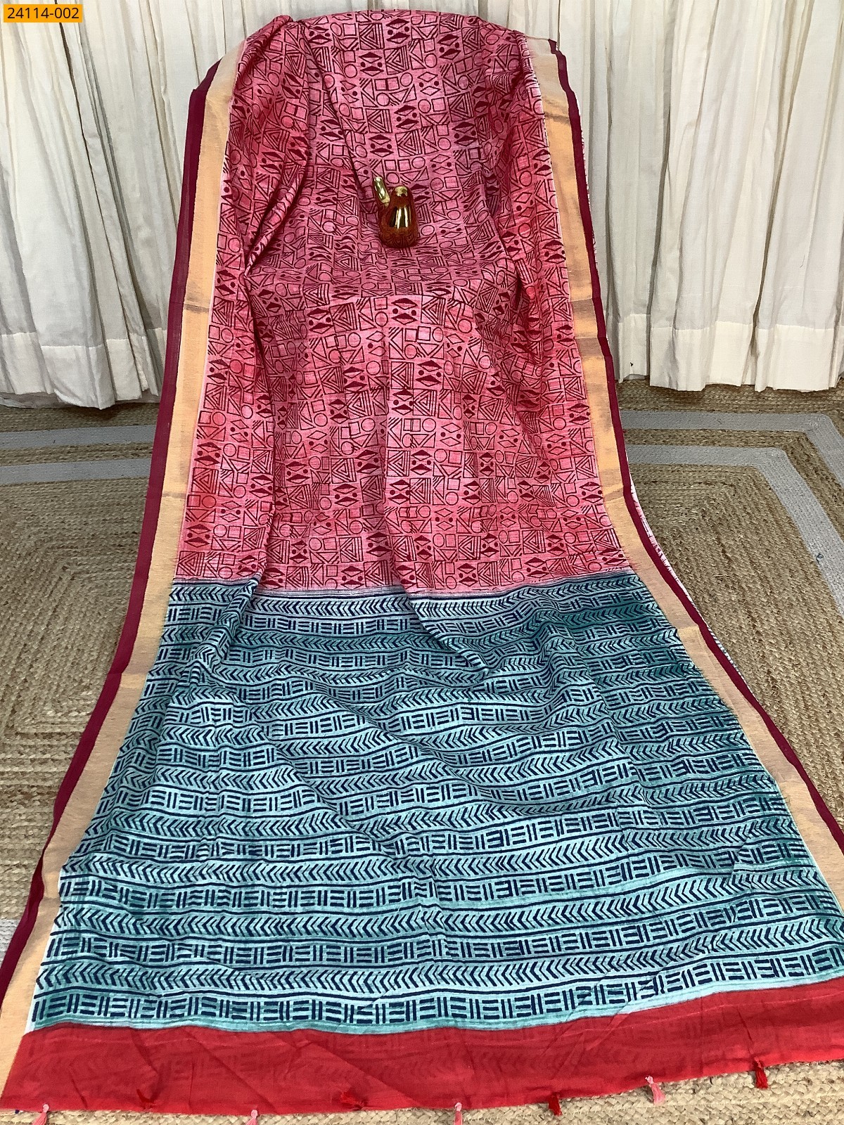Red Hand Block Printed Cotton Saree