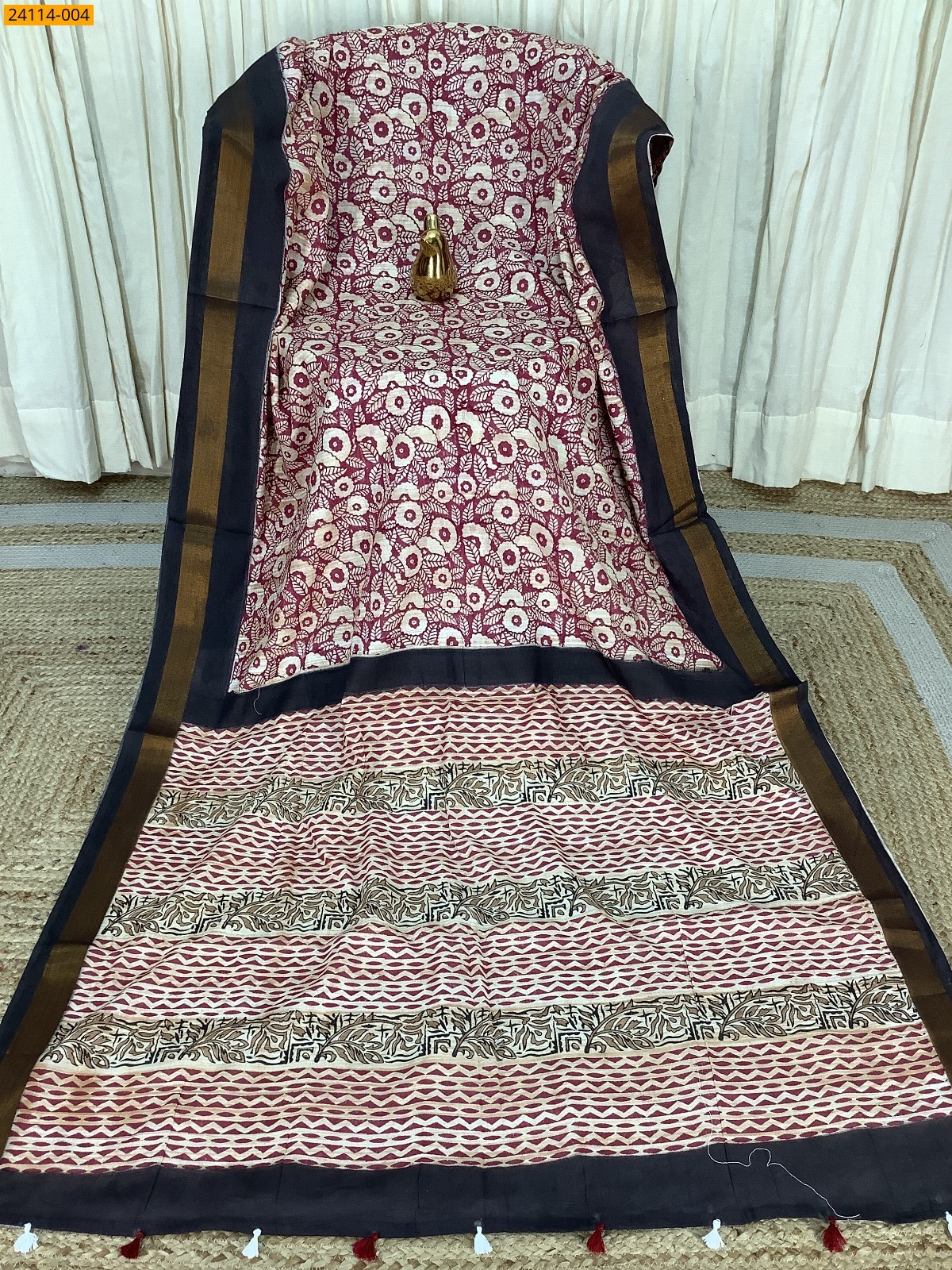 Maroon Hand Block Printed Cotton Saree