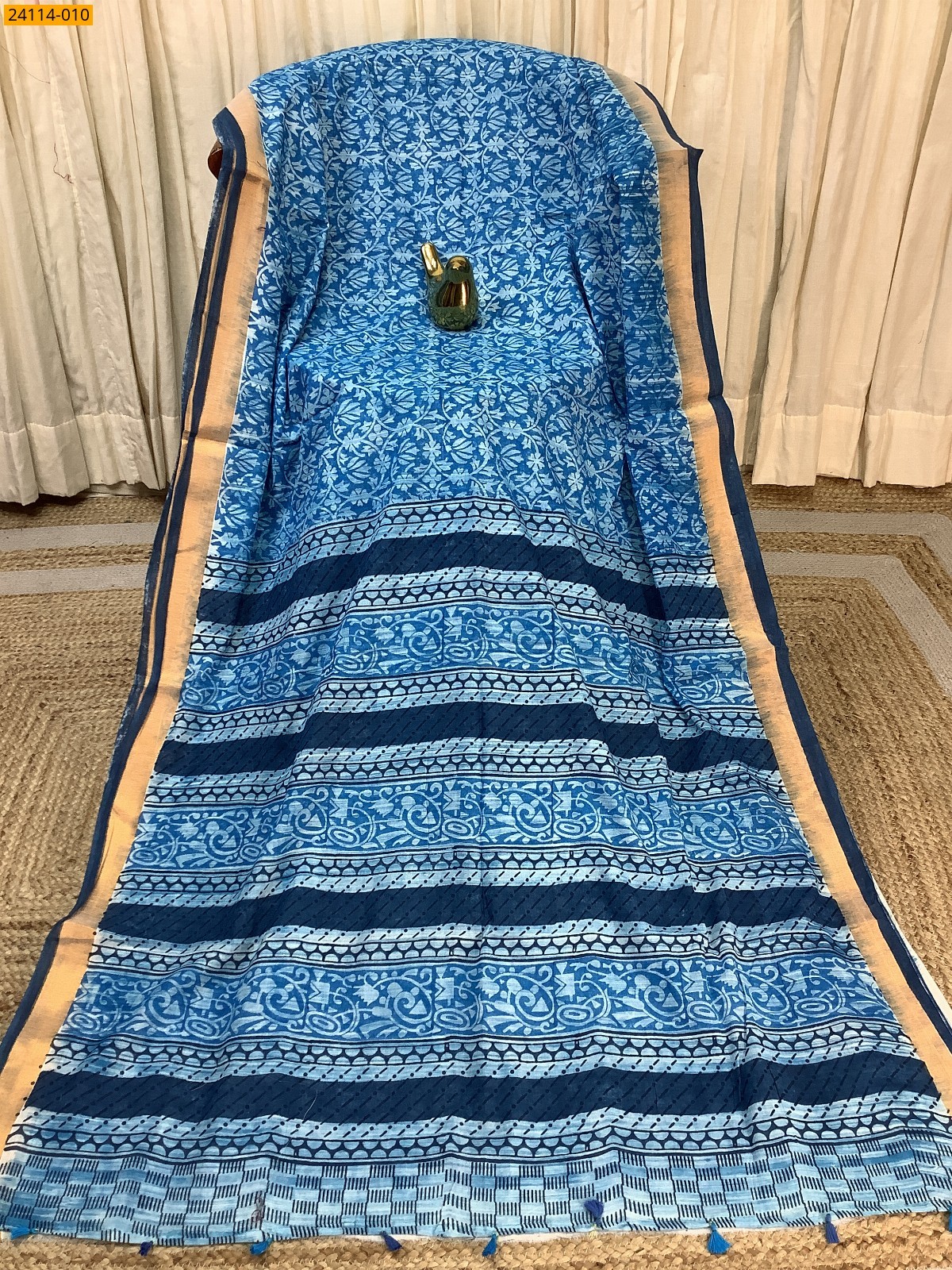Blue Hand Block Printed Cotton Saree