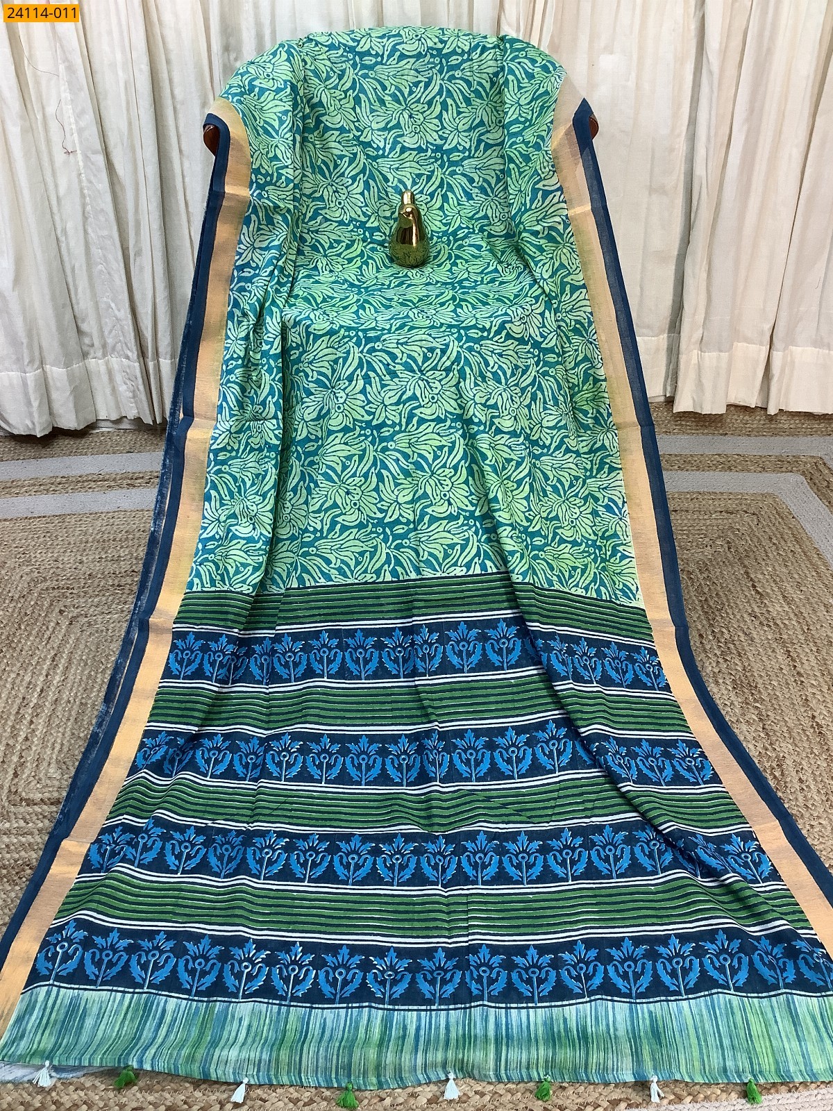 Green Hand Block Printed Cotton Saree