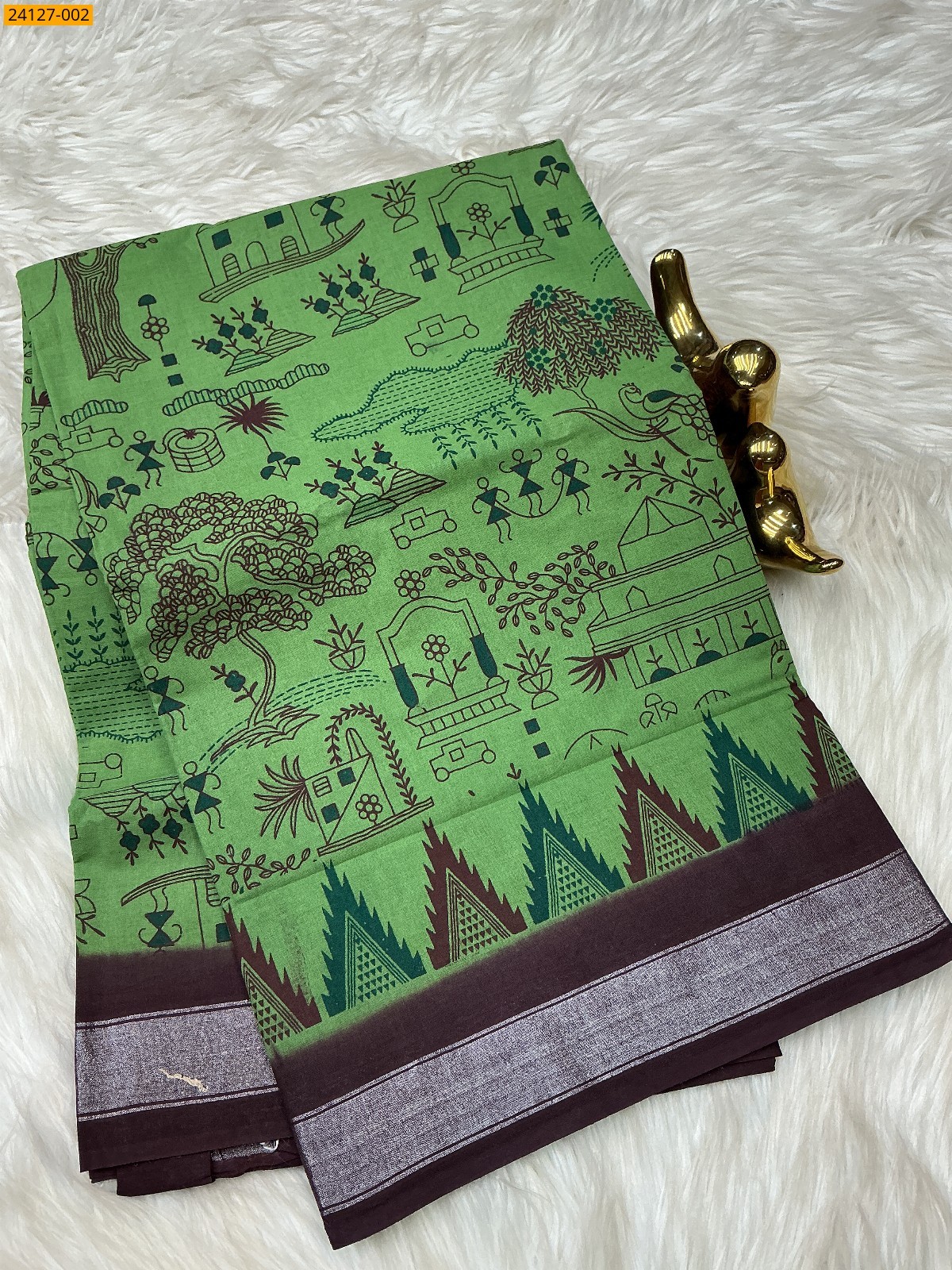 Olive Green Sungudi Cotton Printed Saree