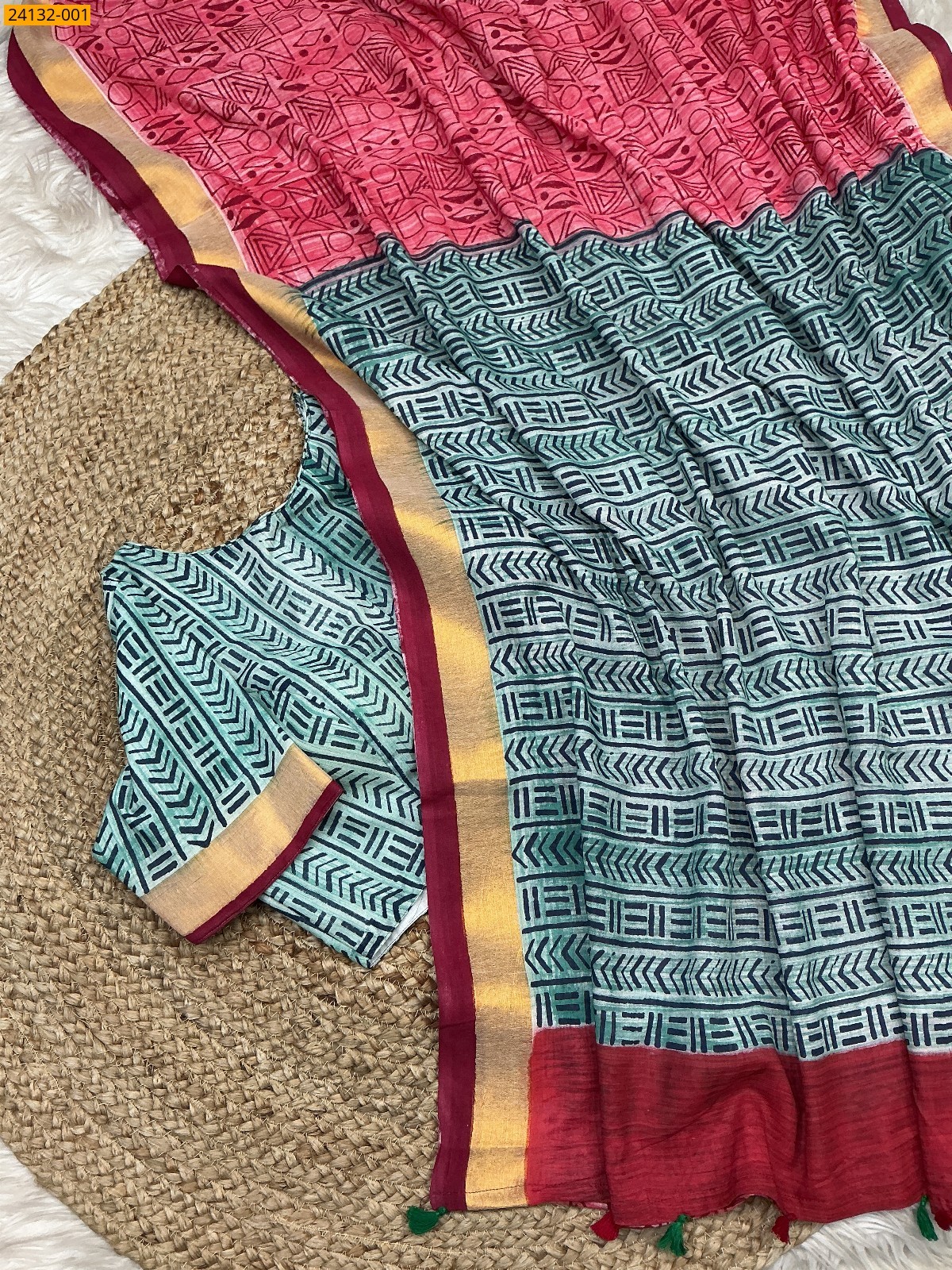 Multi Color Hand Block Printed Cotton Saree
