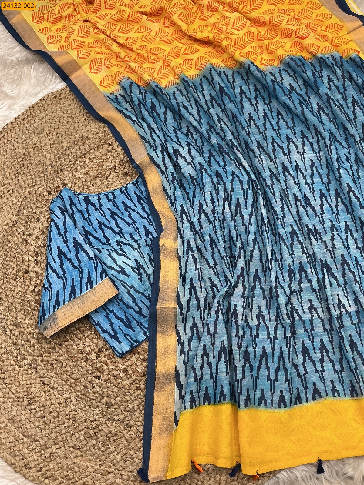 Yellow Hand Block Printed Cotton Saree