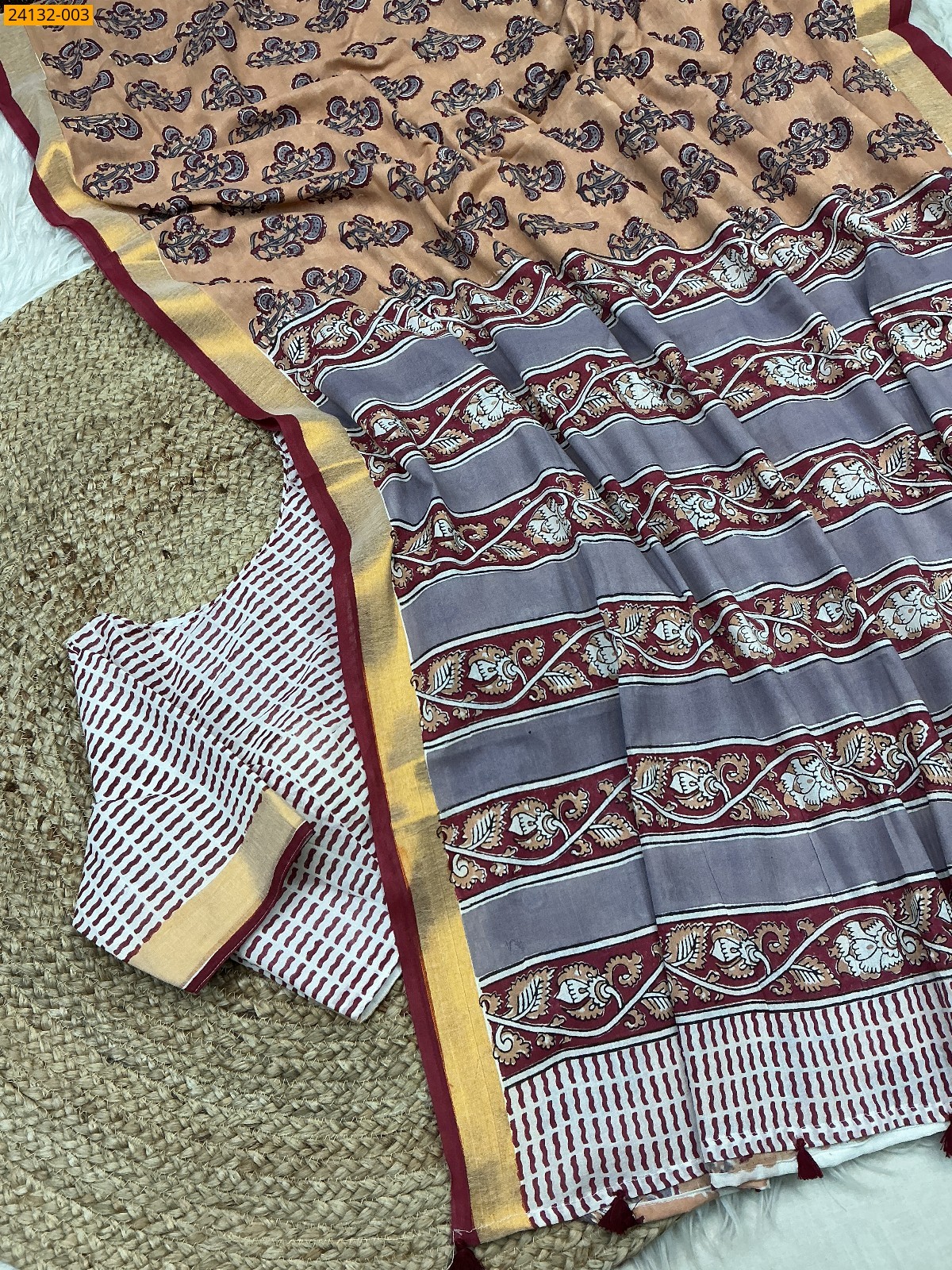 Cream Hand Block Printed Cotton Saree