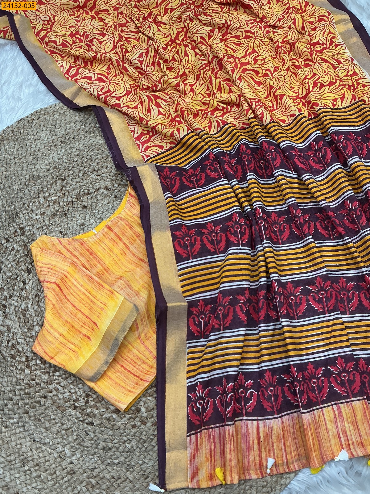 Yellow Hand Block Printed Cotton Saree
