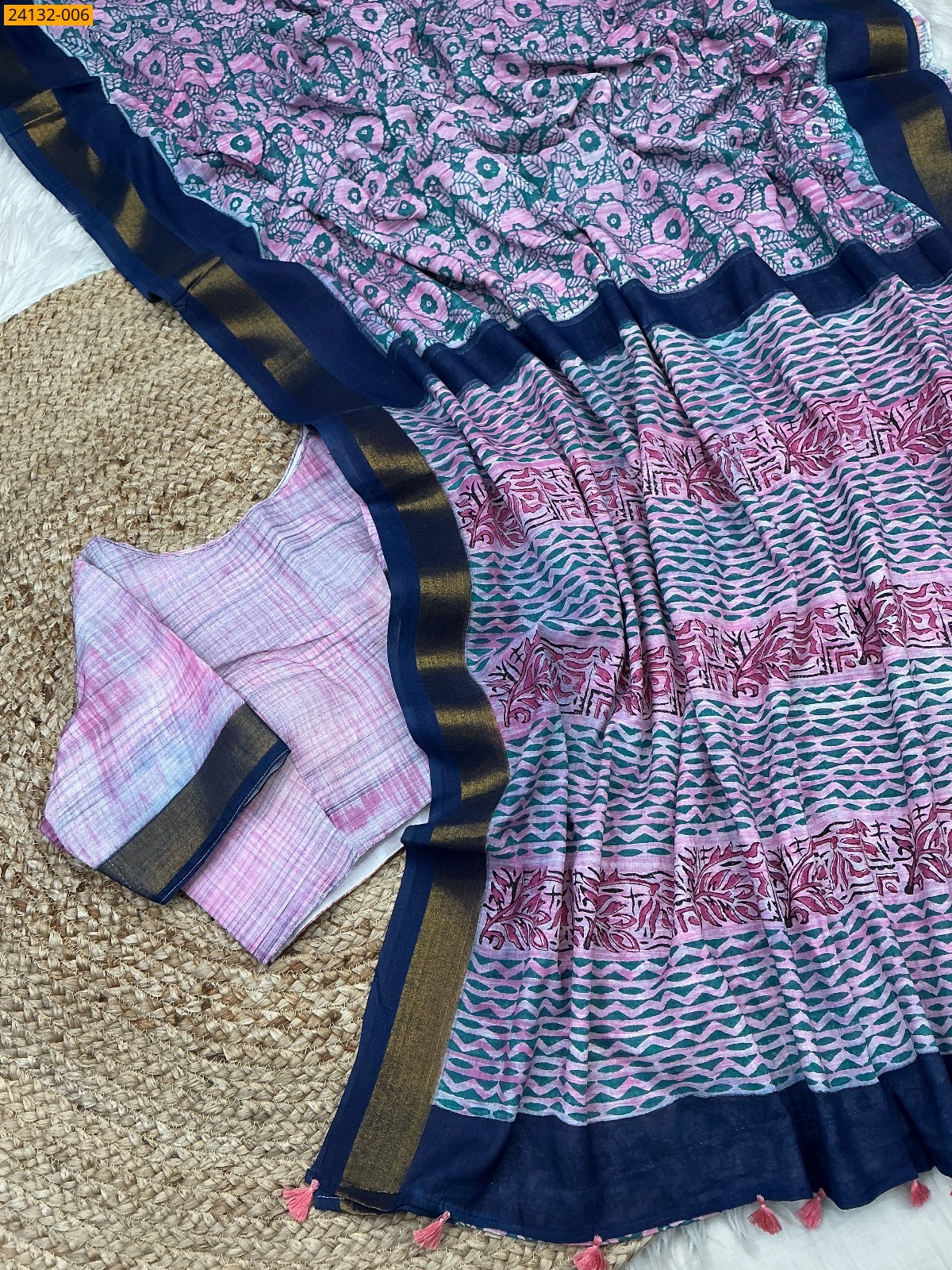 Multi Color Hand Block Printed Cotton Saree