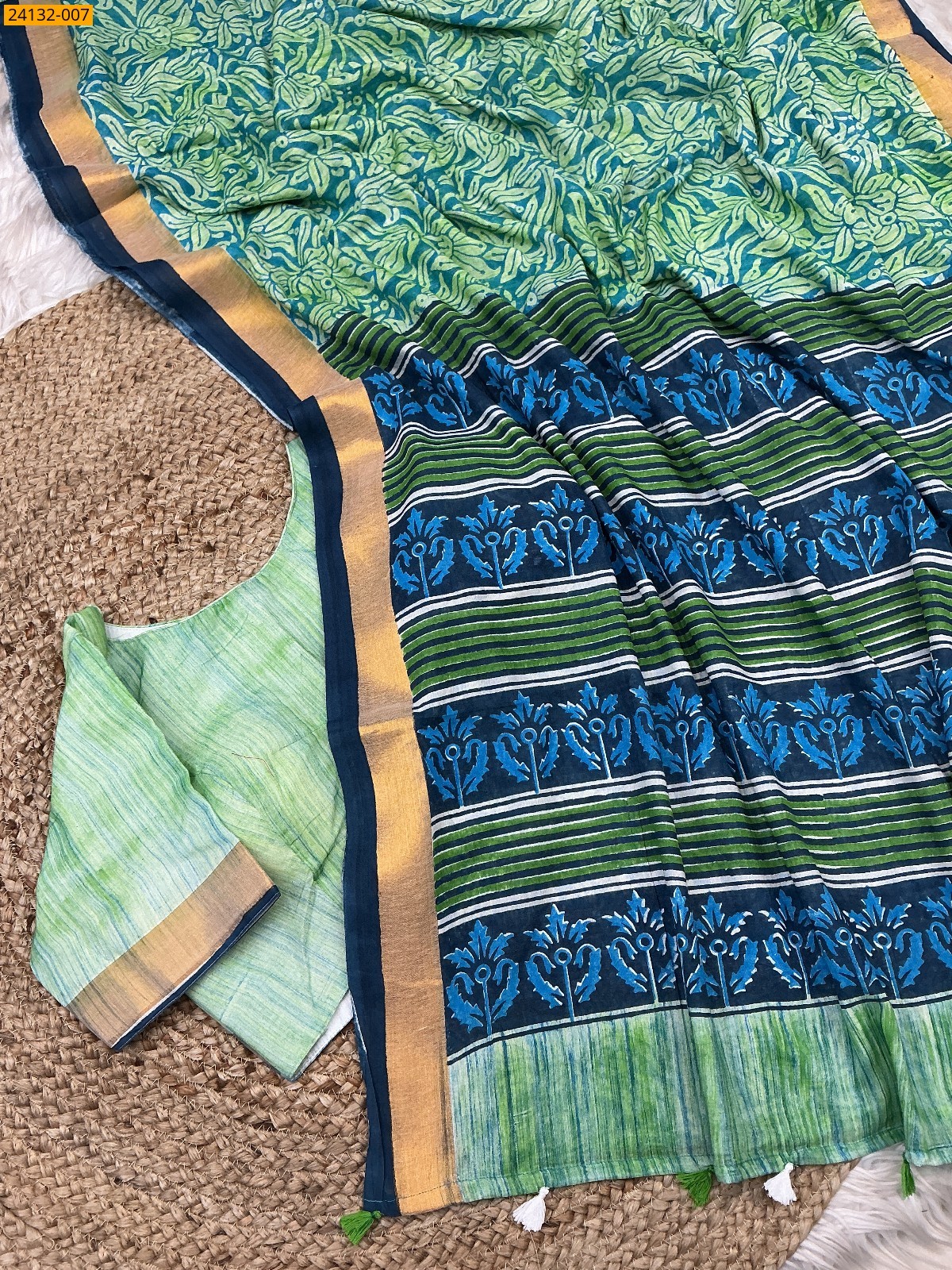 Green Hand Block Printed Cotton Saree