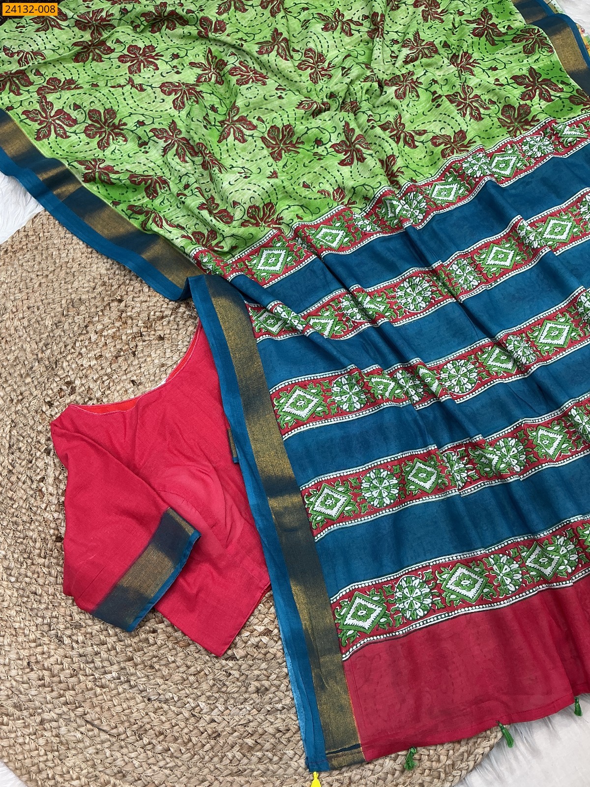 Green Hand Block Printed Cotton Saree