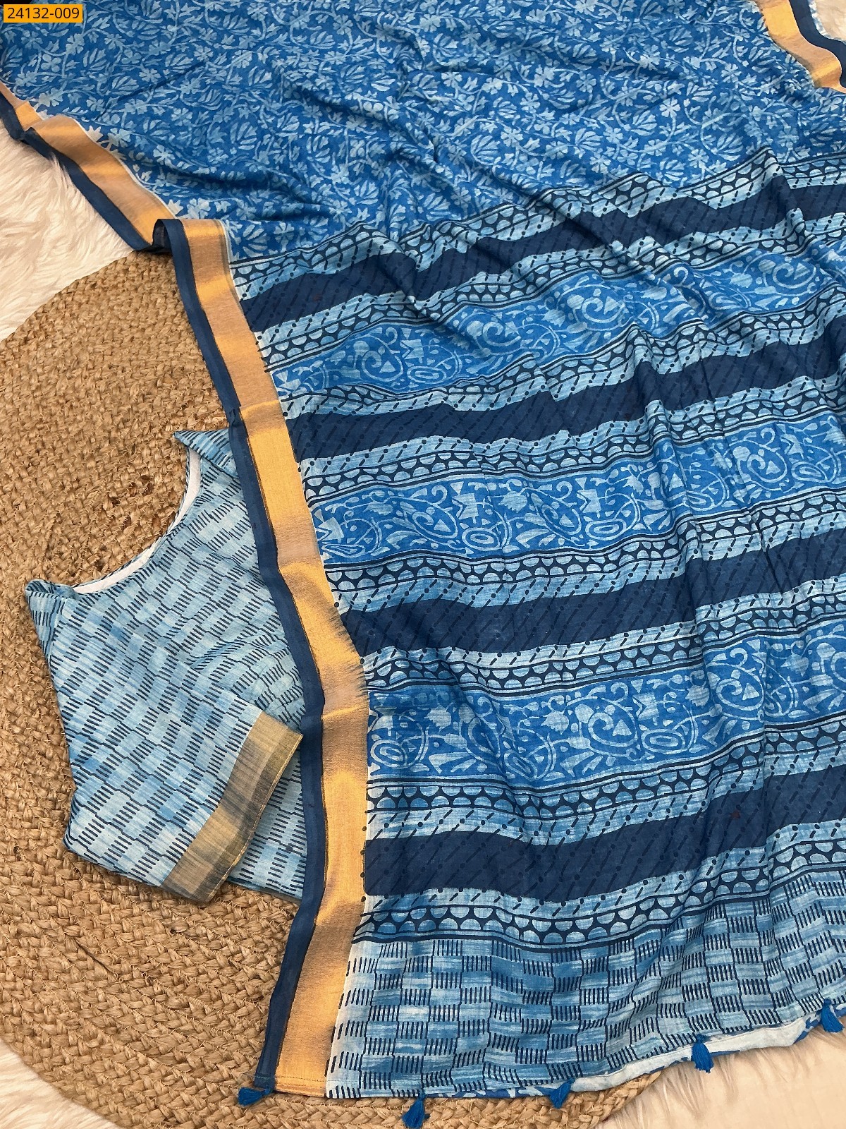 Blue Hand Block Printed Cotton Saree