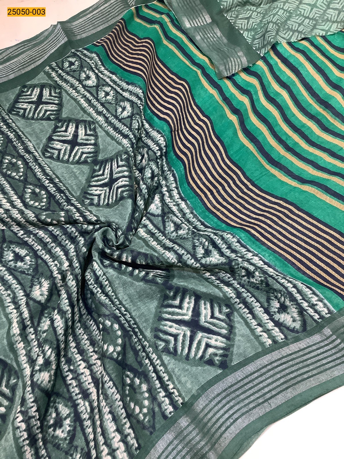Green Mulmul Digital Fancy Cotton Saree