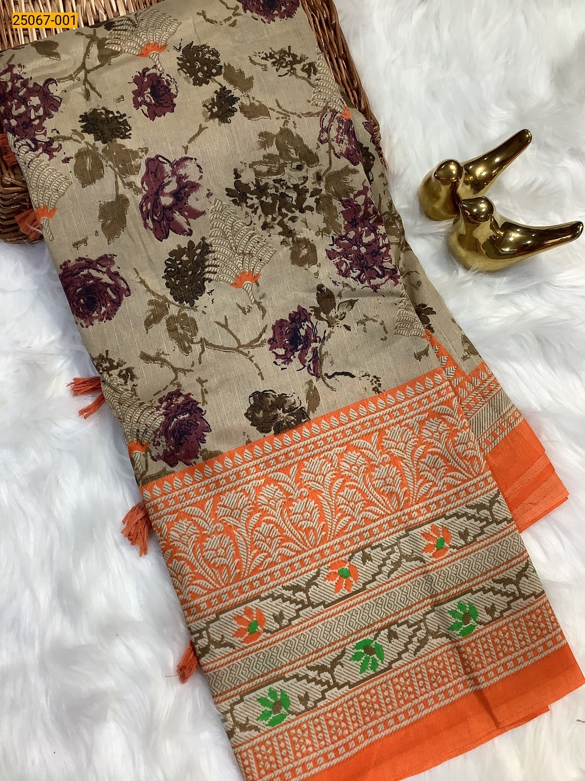 Brown Mulmul Fancy Silk Cotton Saree