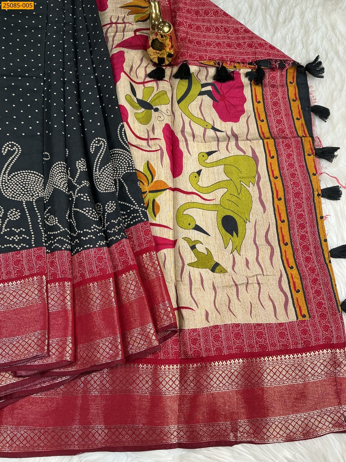 Black Fancy dotts mulmul silk Saree