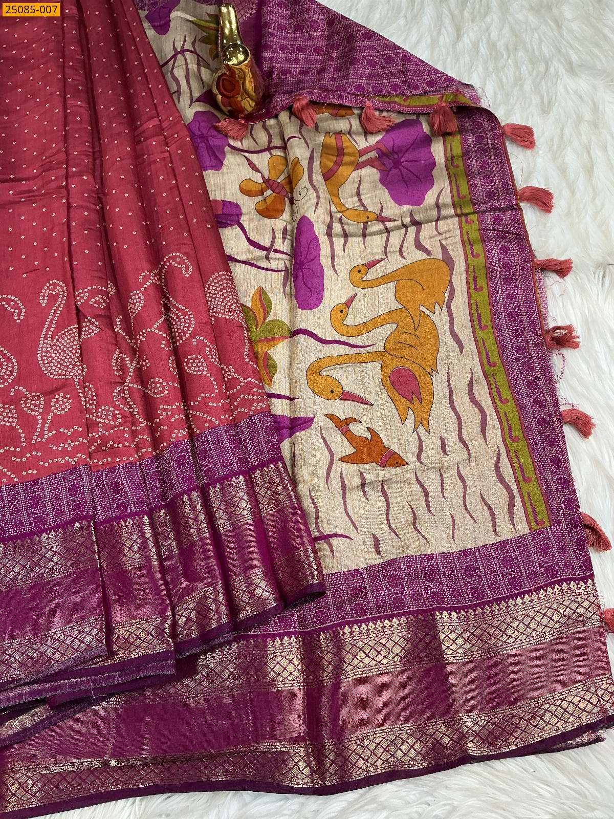 Pink Fancy dotts mulmul silk Saree