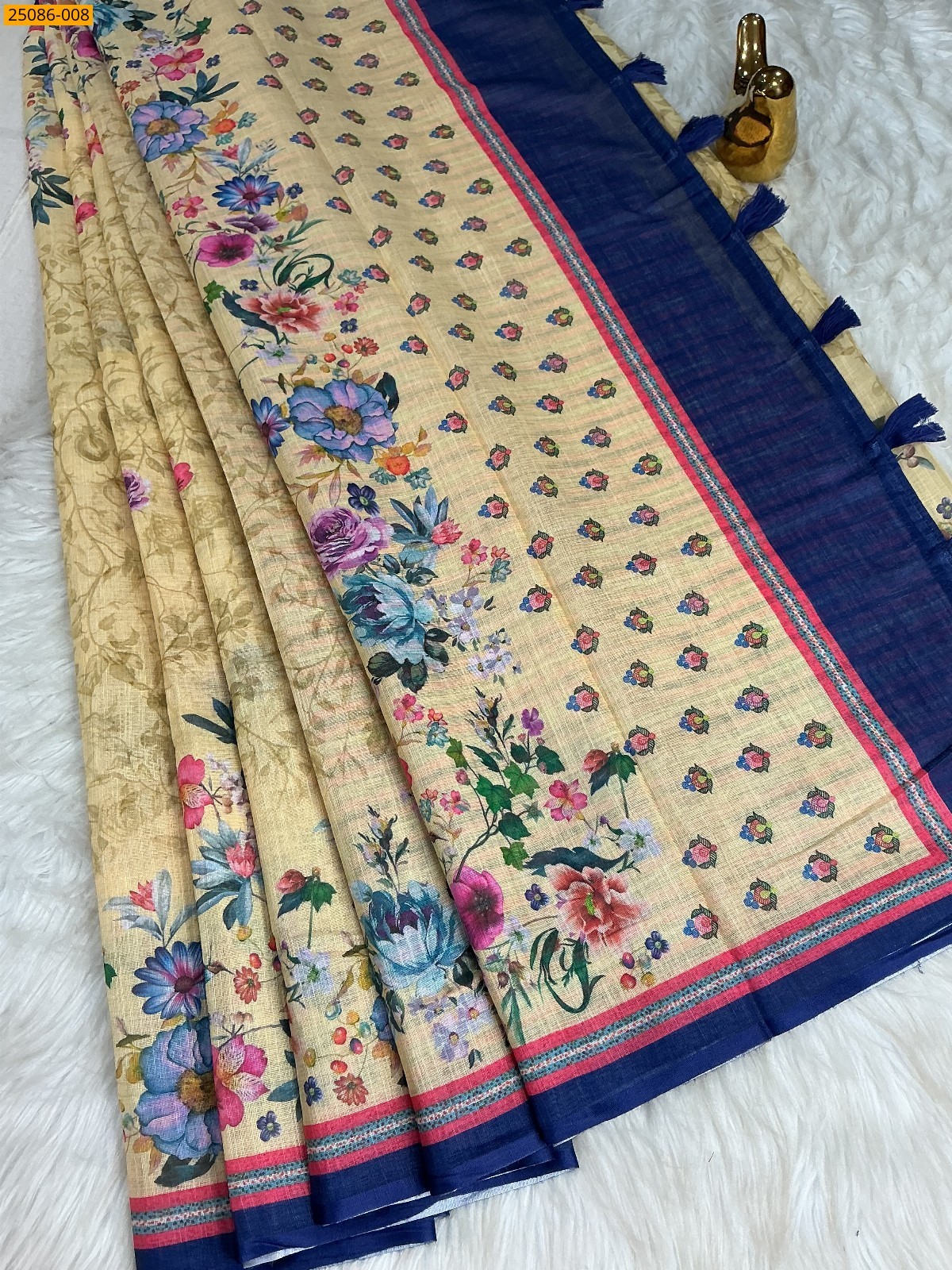 Yellow Fancy Linen floral printed saree