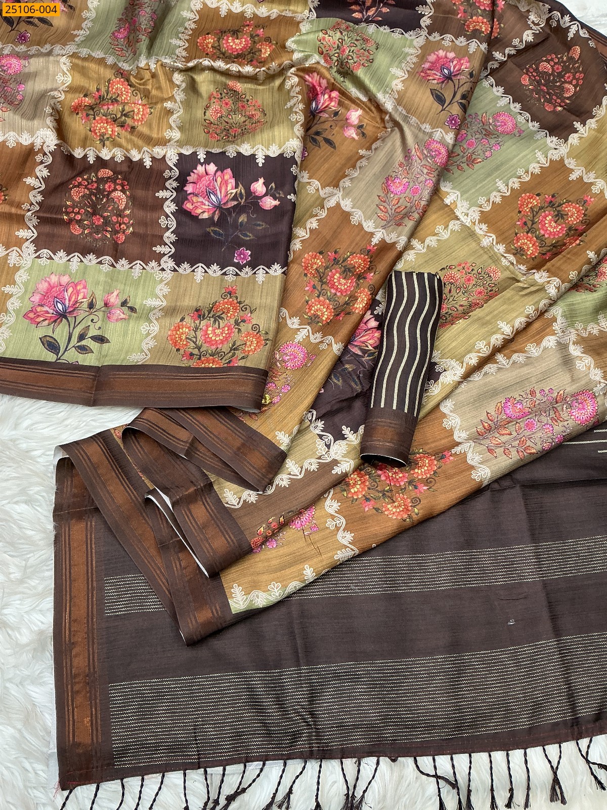 Brown Fancy birford silk printed sarees