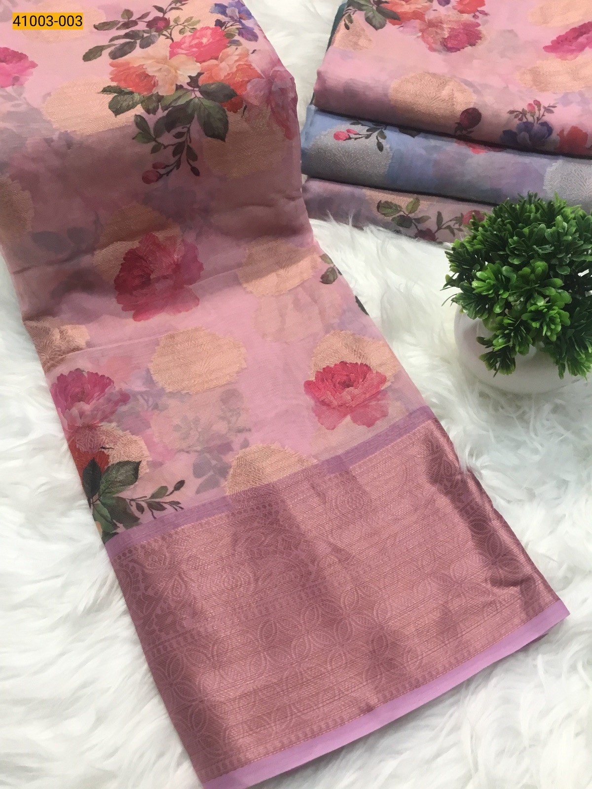 Pink Digital Printed Organza Chiffon Silk Saree