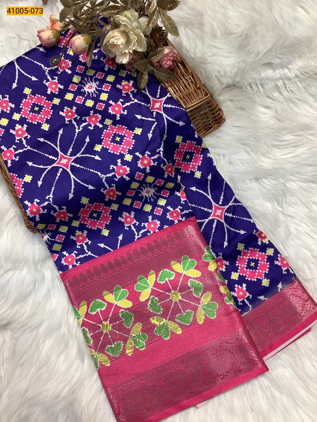 Navy Blue Pochampally Printed Dola Silk Saree