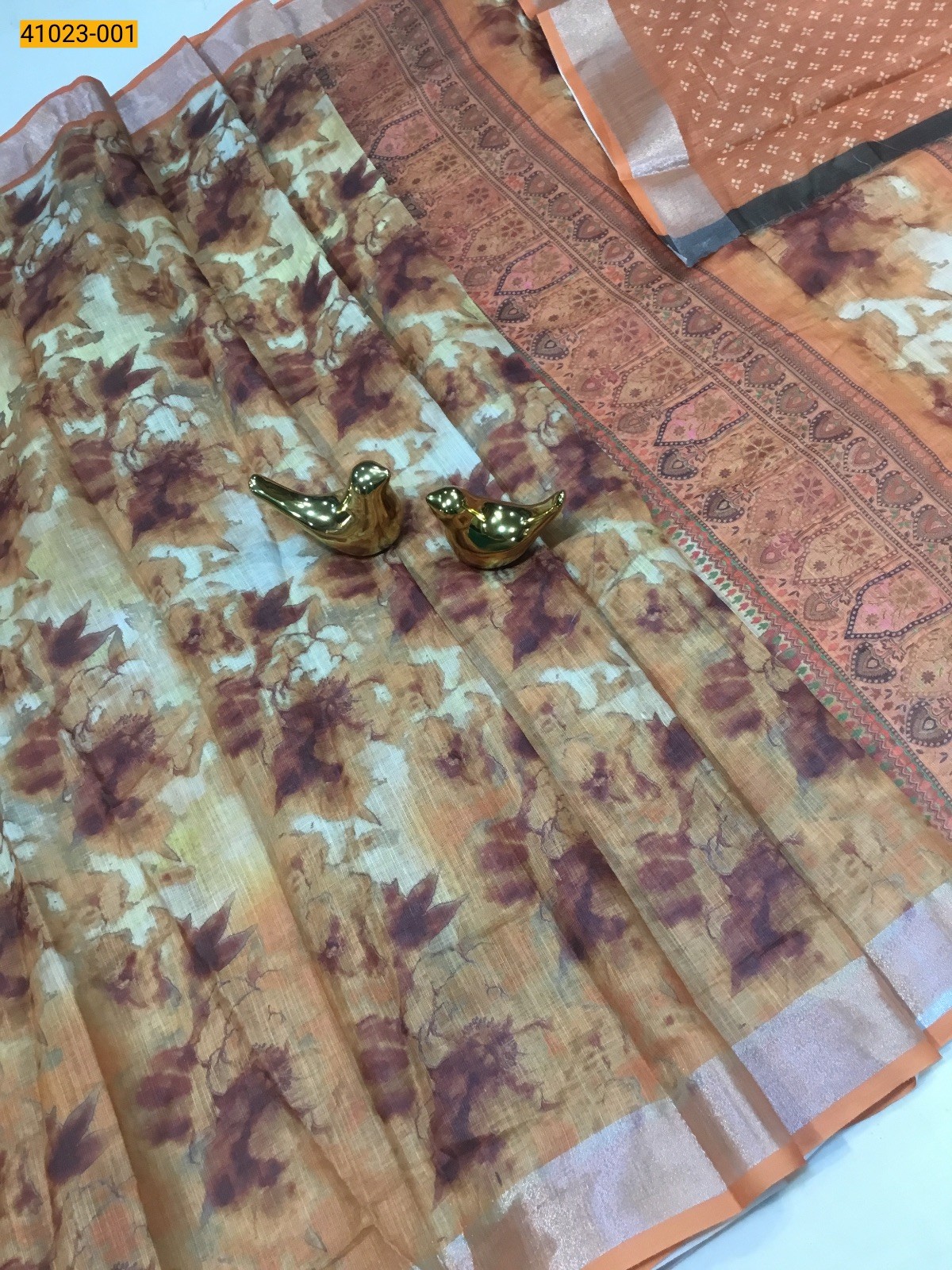 Orange Soft Digital Print Fancy Linen Silk Saree