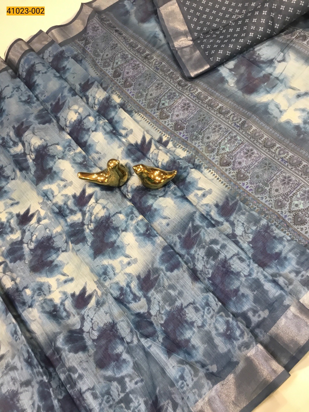 Blue Soft Digital Print Fancy Linen Silk Saree
