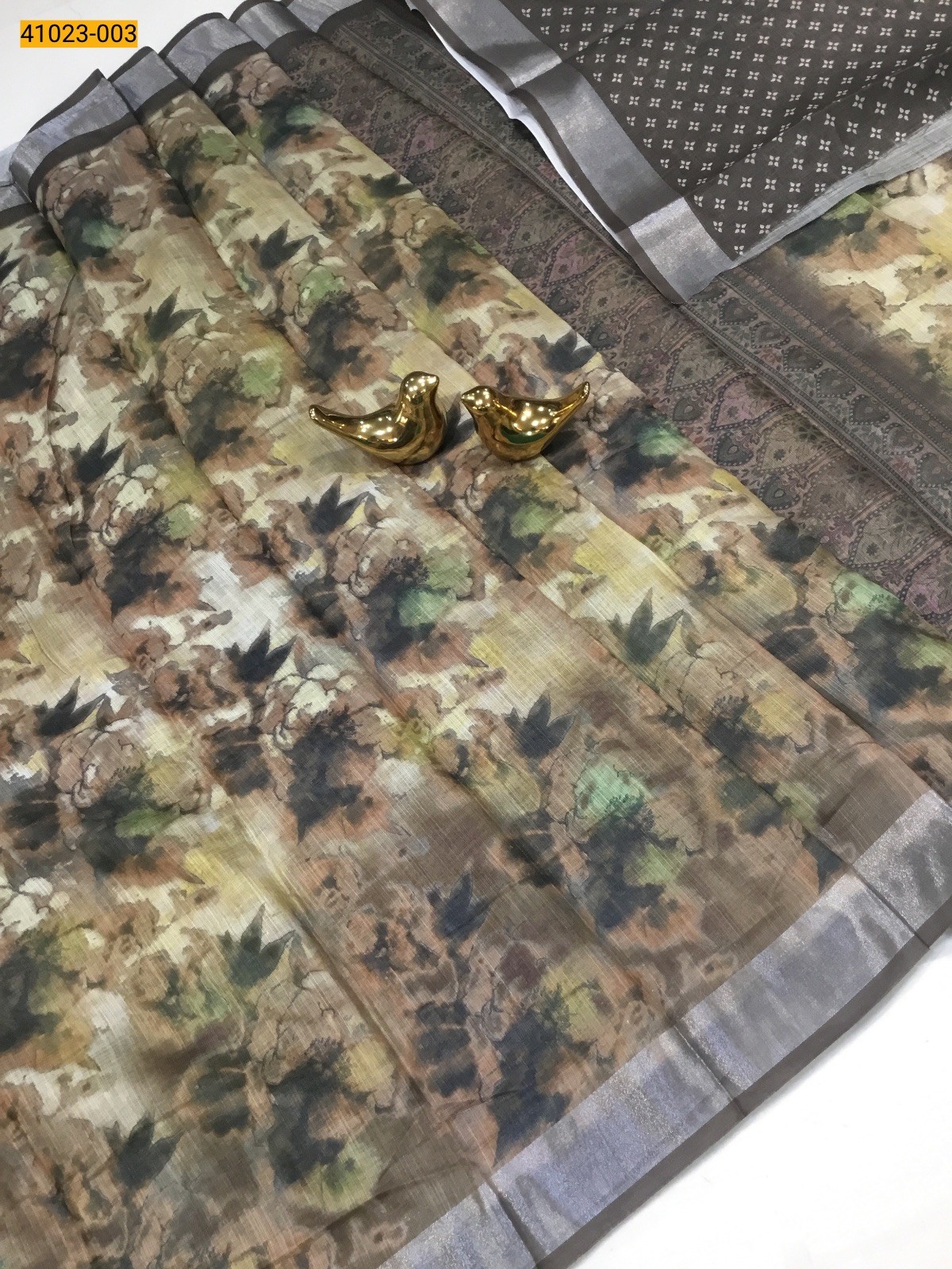 Brown Soft Digital Print Fancy Linen Silk Saree