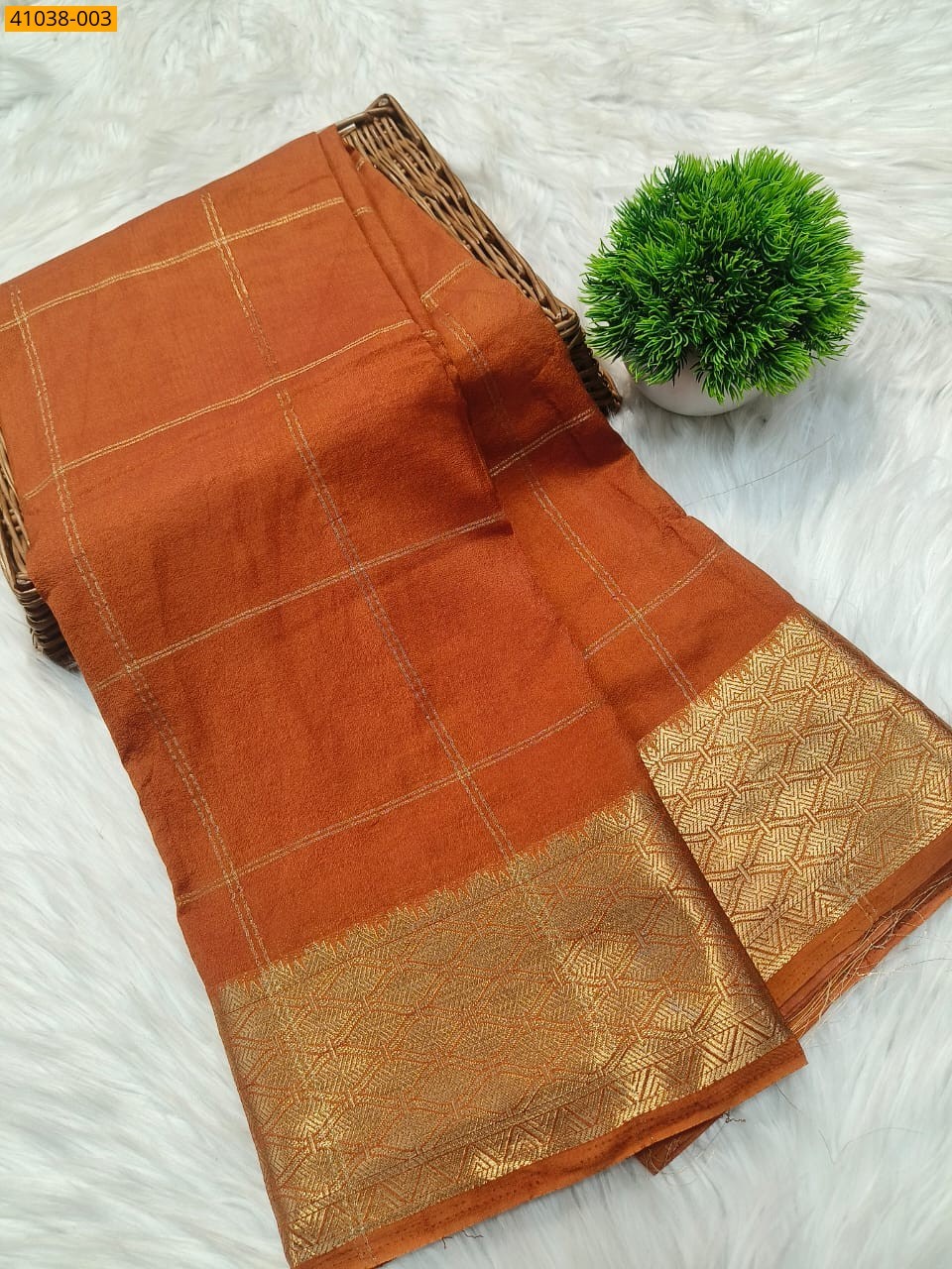 Orange Viscose Warm Crepe Silk checked Saree