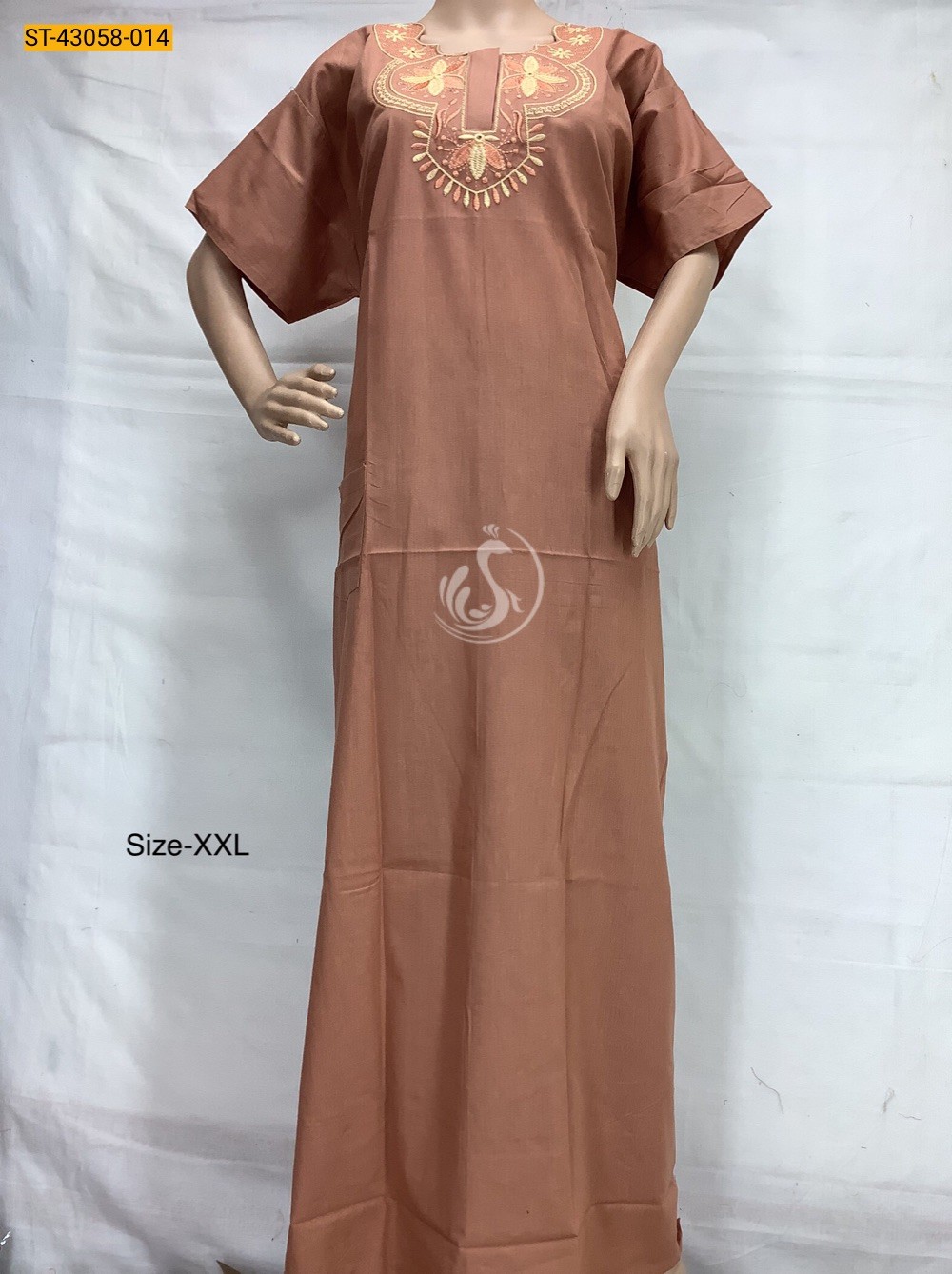 Brown Cotton Neck Embroidery Pattern Nighty-XXL