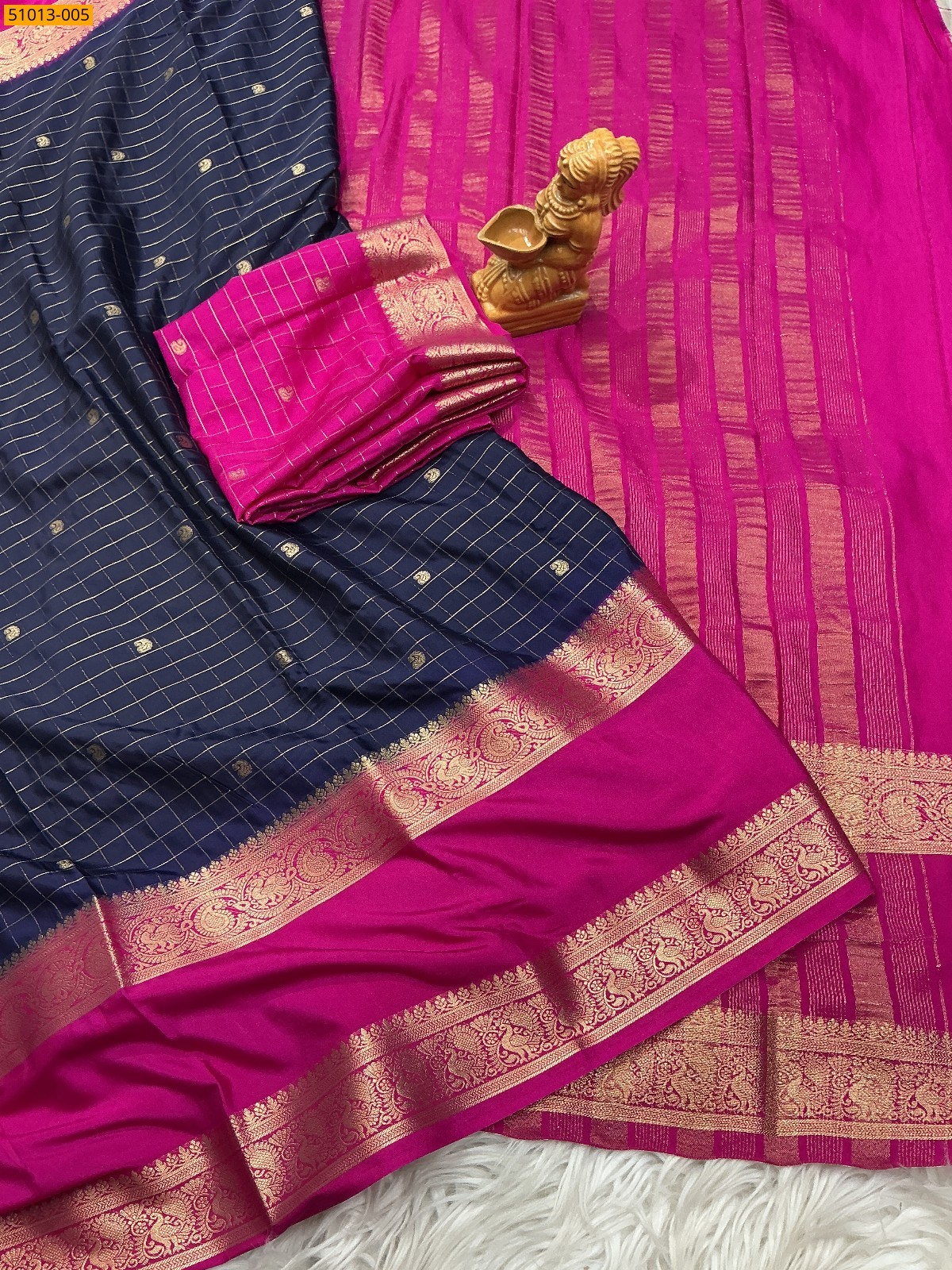 Navy Blue Mysore Crepe Silk Checked Butta Saree