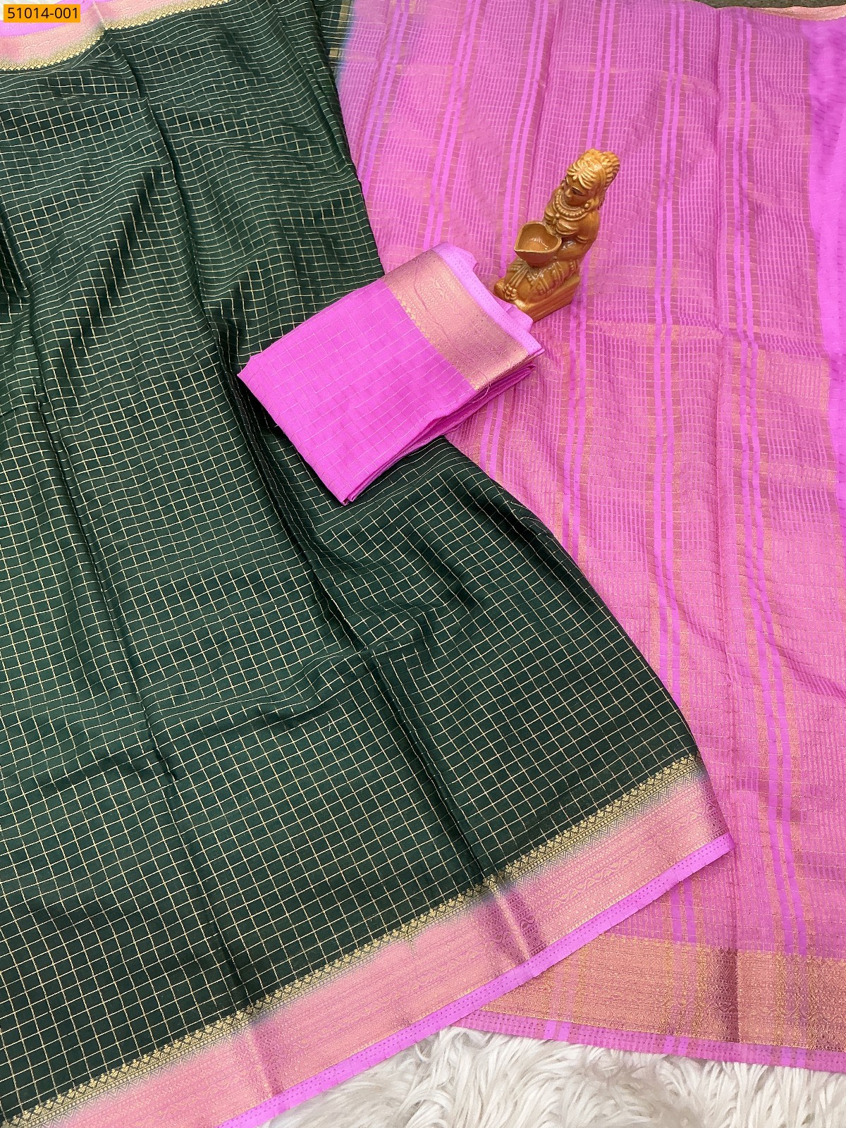 Dark Green Mysore Crepe Silk Checked Saree