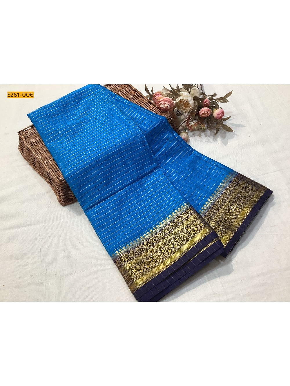 Blue Checked Fancy Mysore Crepe Silk Saree Blue Checked Fancy Mysore Crepe Silk Saree