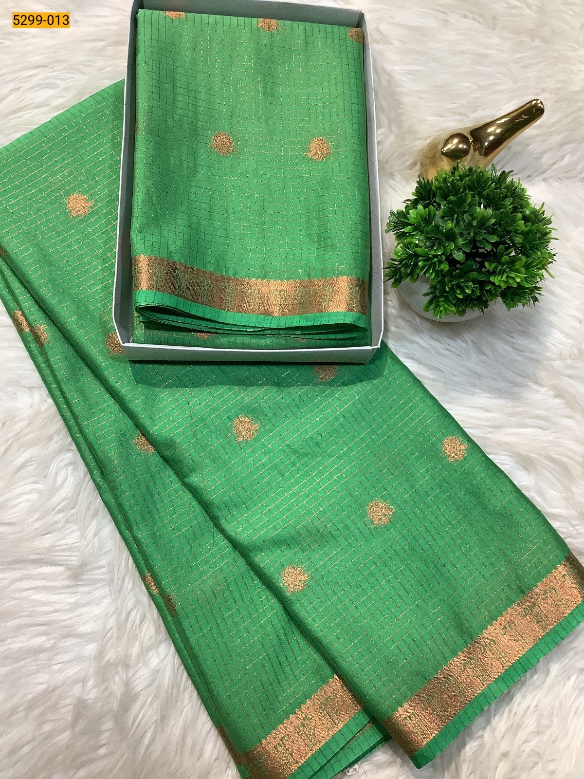 Green Fancy Mysore Crepe Silk Checked Butta Saree