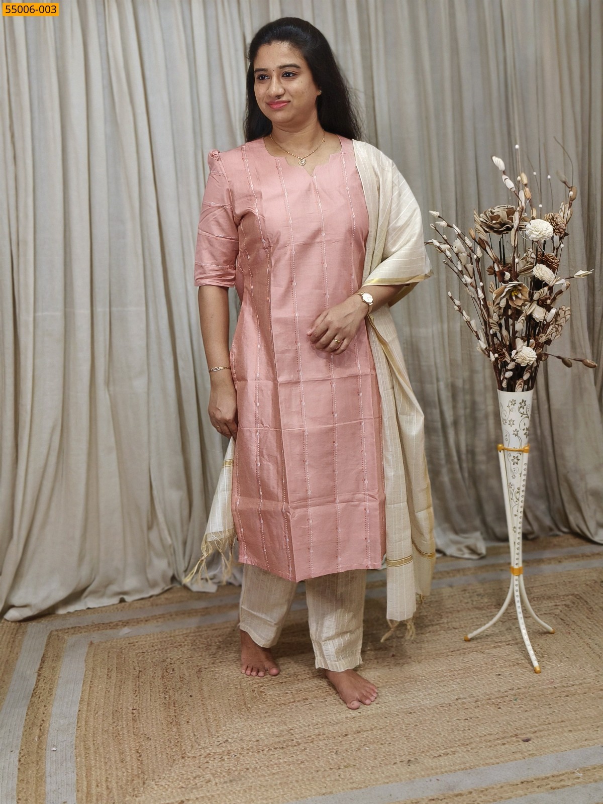 Pink Handloom Stiched Cotton 3 Piece Suit Set